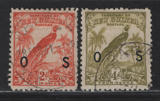 Lot 63A New Guinea (C) SG#O44, O48 2d - 4d Orange - Orange Green Bird of Paradise, 1932-1934 Bird of Paradise Official Issue, 2 Very Good/Fine Used Singles, 2d With Shallow Hinge Thin, 4d With Short Perfs At Top