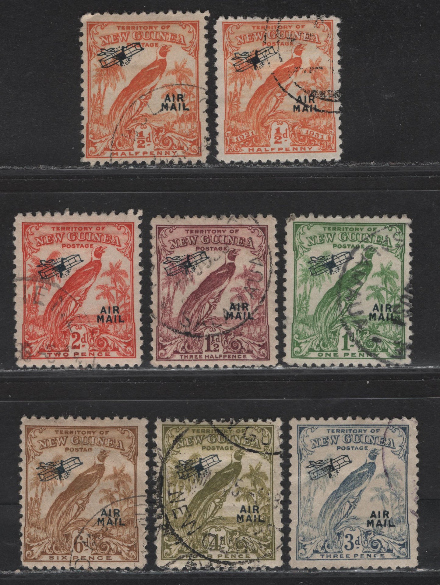 Lot 64 New Guinea (C) SG#163, 190-195, 197 1/2d - 6d 1/2d - 6d Orange - Bistre Brown, 1931-1934 Bird of Paradise Airmail Issue, 8 Fine/Very Fine Used Singles