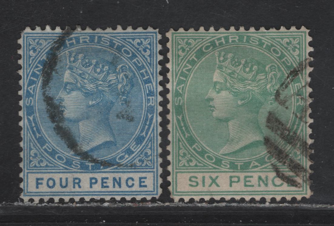 Lot 68 St Christopher (C) SG#8, 9 4d - 6d Blue - Green Queen Victoria, 1870-1882 Queen Victoria Issue, 2 Very Fine Used Singles, Crown CC Wmk