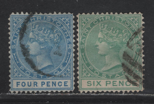 Lot 68 St Christopher (C) SG#8, 9 4d - 6d Blue - Green Queen Victoria, 1870-1882 Queen Victoria Issue, 2 Very Fine Used Singles, Crown CC Wmk