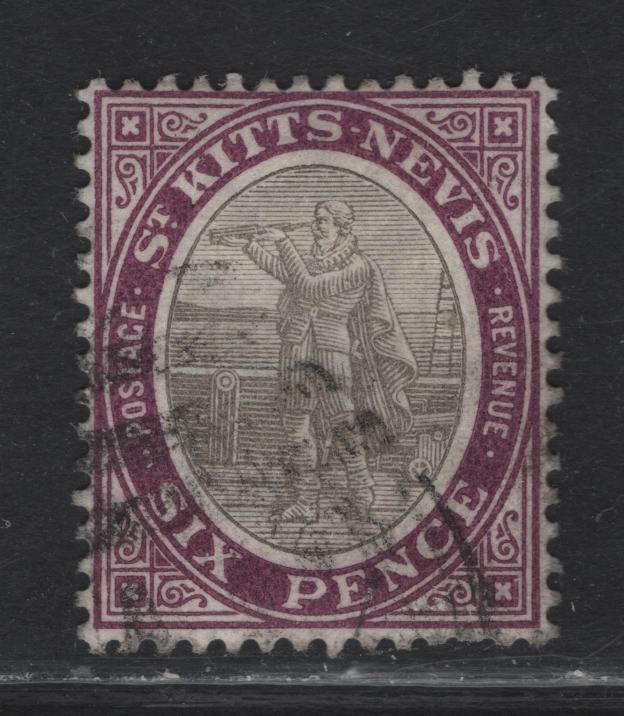 Lot 70 St Kitts & Nevis (C) SG#6 6d Gray Black & Bright Purple Christopher Columbus, 1903 Christopher Columbus Issue, A Very Fine Used Single, Crown CA Wmk