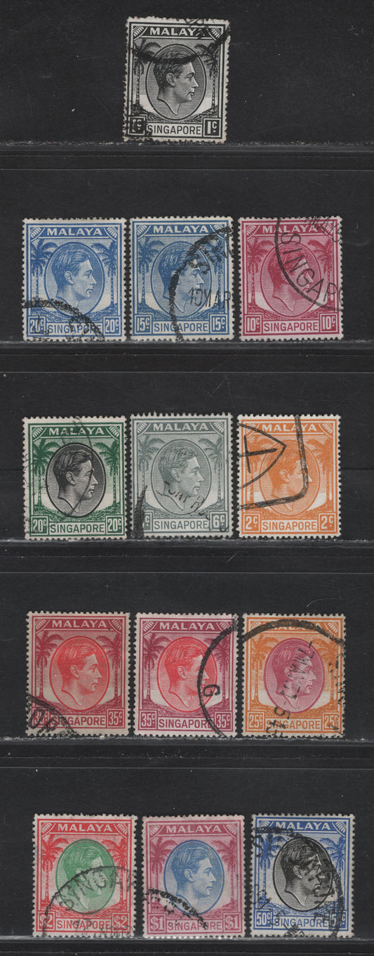 Lot 73 Singapore (C) SG#16-17, 21-24a, 25-a, 27-29 1c - $2 Black - Green & Scarlet King George VI, 1949-1952 KGVI Issue, 12 Very Fine Used Singles, Perf 17.5x18, Includes 2 Shades Of 35c