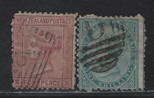 Lot 77 New Zealand (C) SG#155, 157 4d - 1/- Maroon - Green Queen Victoria, 1874-1878 Queen Victoria Sidefaces Issue, 2 Very Good Used Singles, Perf 12.5