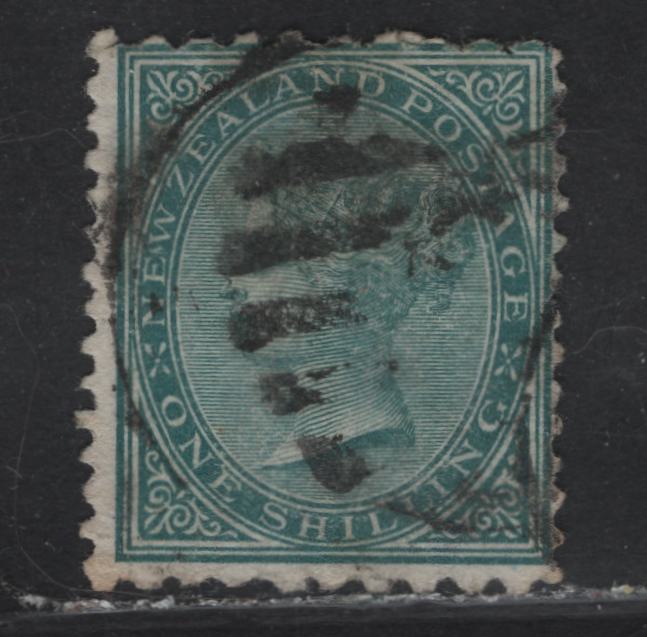Lot 77A New Zealand (C) SG#164 1/- Green Queen Victoria, 1877-1878 Queen Victoria Sidefaces Issue, A Fine Used Single, Perfs 12.5 & 10 Compound