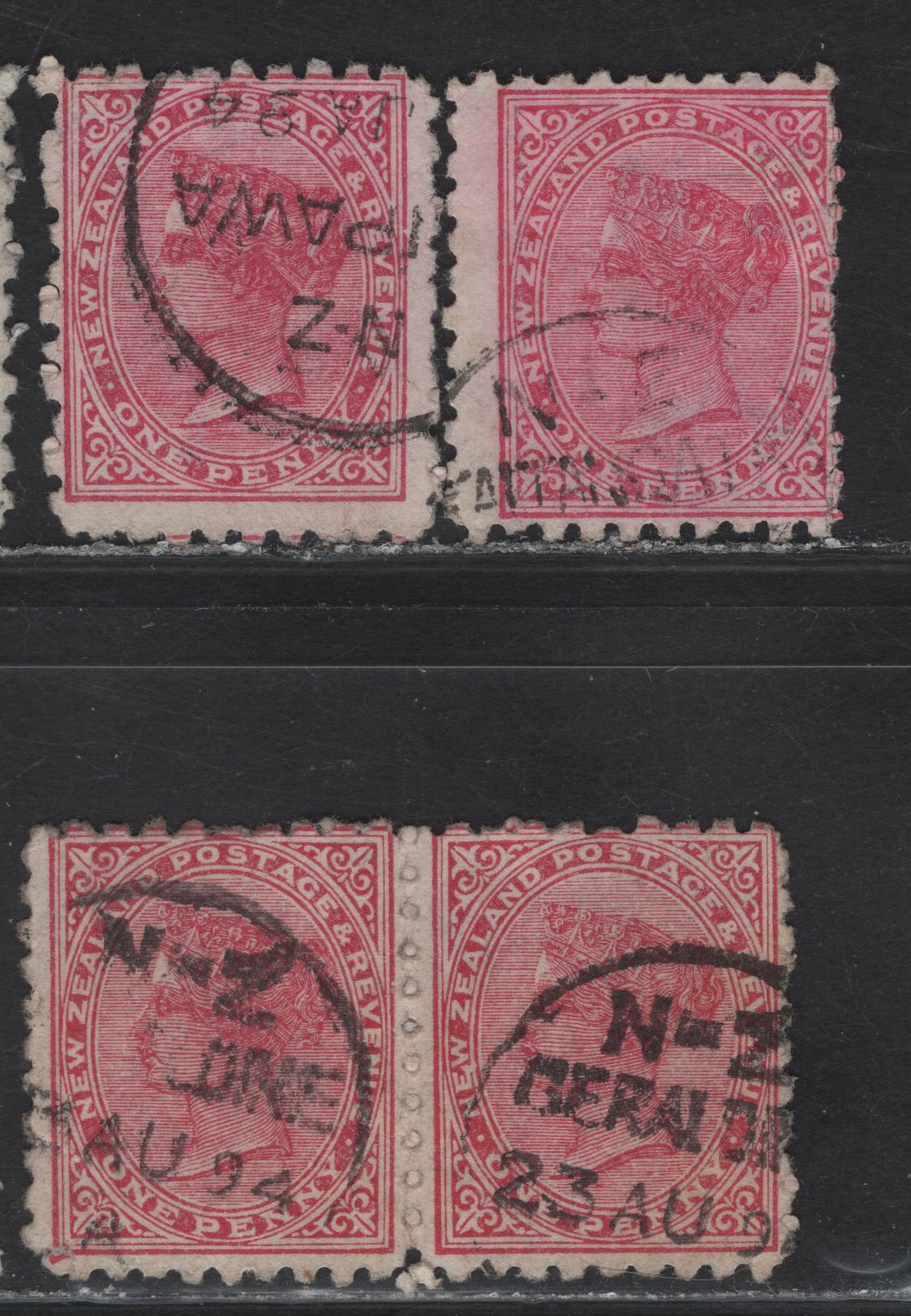 Lot 93 New Zealand (C) SG#218g, 218l, 218h 1d Rose Queen Victoria, 1891-1894 Queen Victoria Sidefaces Issue, 2 Very Good/Fine Used Singles & Pair, Die 3, Adverts On Back, Perf 10.