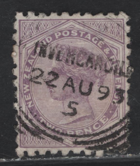 Lot 96 New Zealand (C) SG#219h 2d Lilac Queen Victoria, 1891-1895 Queen Victoria Sidefaces Issue, A Very Fine Used Single, Green Advert On Back, Die 3, Perf 10 With SON August 22 1893 Invercargill CDS.