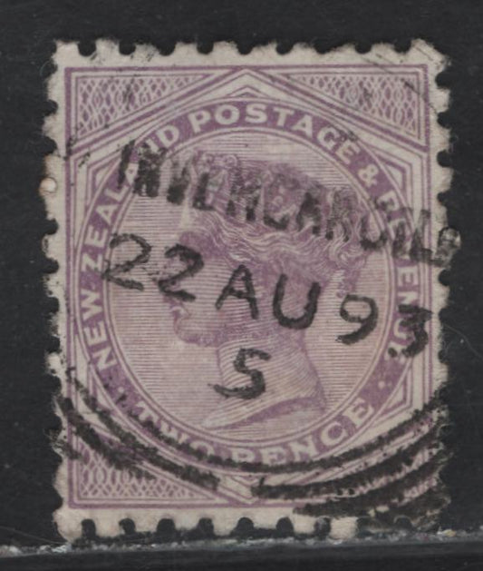 Lot 96 New Zealand (C) SG#219h 2d Lilac Queen Victoria, 1891-1895 Queen Victoria Sidefaces Issue, A Very Fine Used Single, Green Advert On Back, Die 3, Perf 10 With SON August 22 1893 Invercargill CDS.