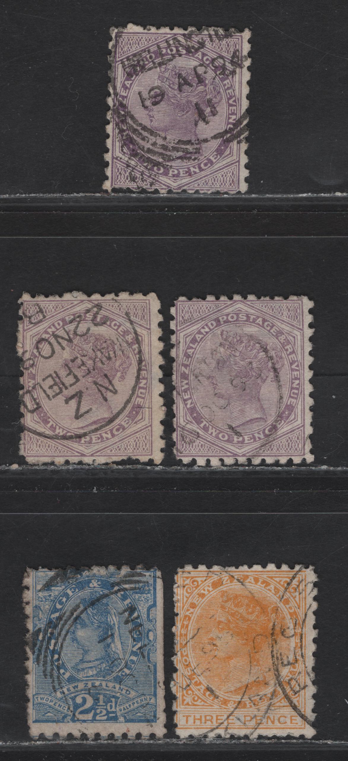 Lot 97 New Zealand (C) SG#219h. 220e, 221f 2d - 3d Lilac - Orange Yellow Queen Victoria, 1891-1895 Queen Victoria Sidefaces Issue, 5 Fine Used Singles, Die 3, Brown Purple Advert, Perf 10.