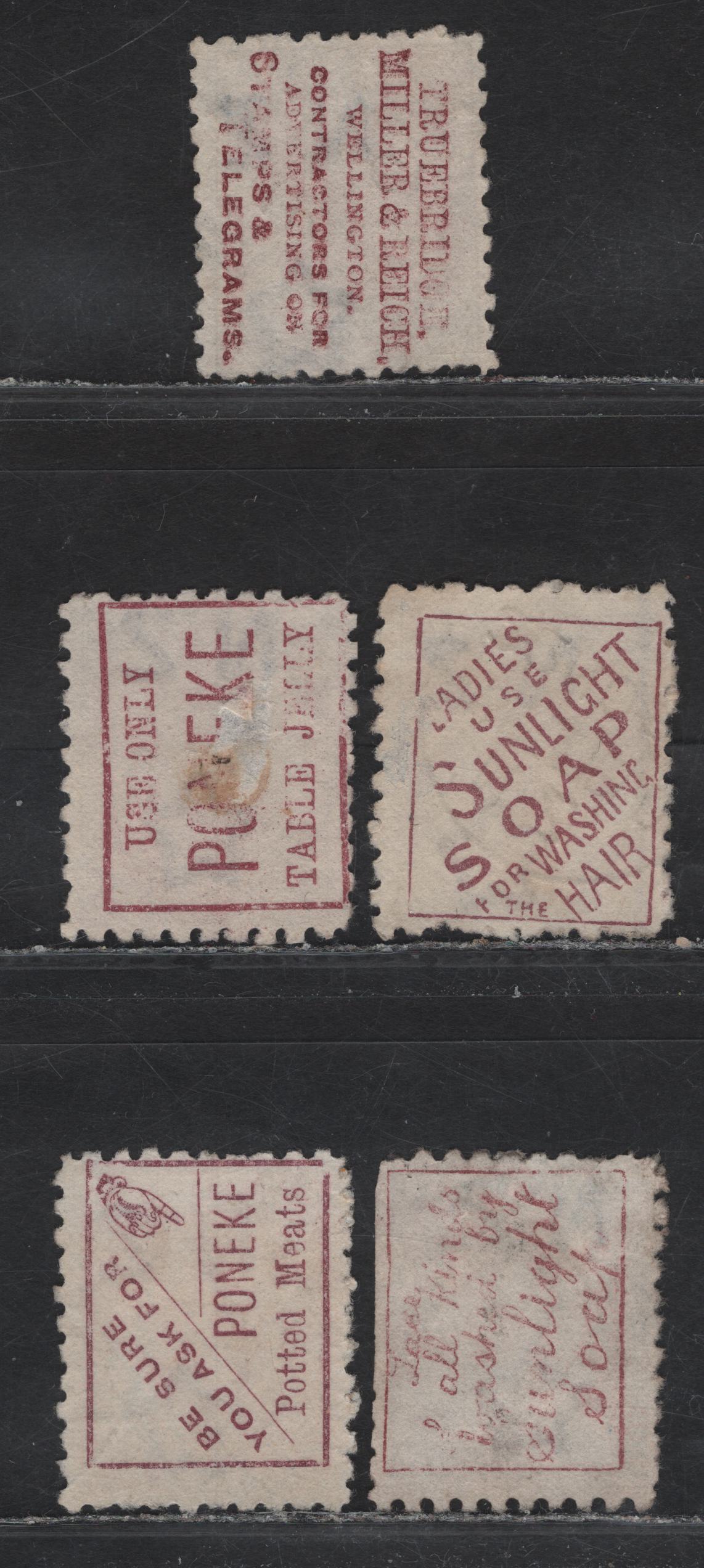 Lot 97 New Zealand (C) SG#219h. 220e, 221f 2d - 3d Lilac - Orange Yellow Queen Victoria, 1891-1895 Queen Victoria Sidefaces Issue, 5 Fine Used Singles, Die 3, Brown Purple Advert, Perf 10.