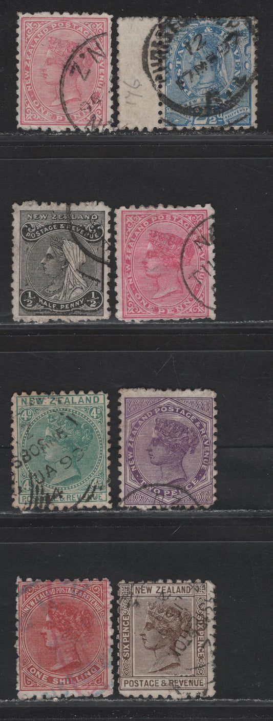 Lot 99 New Zealand (C) SG#227-229, 232, 234-235 1/2d - 1/- Black - Red Brown Queen Victoria, 1895-1897 Queen Victoria Sidefaces Issue, 8 Very Good/Fine/Very Fine Used Singles, Perf 10x11, One 1d Has A Small Corner Crease