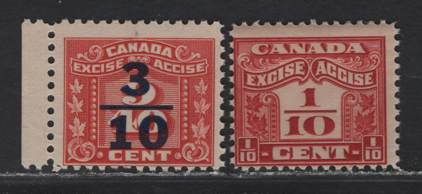Canada (C) Van Dam#FX34, FX105 1/10c - 3/10 on 9/40c Carmine - Red Numeral, 1915-1948 Two Leaf & Three Leaf Excise Tax Issues, 2 FNH Singles