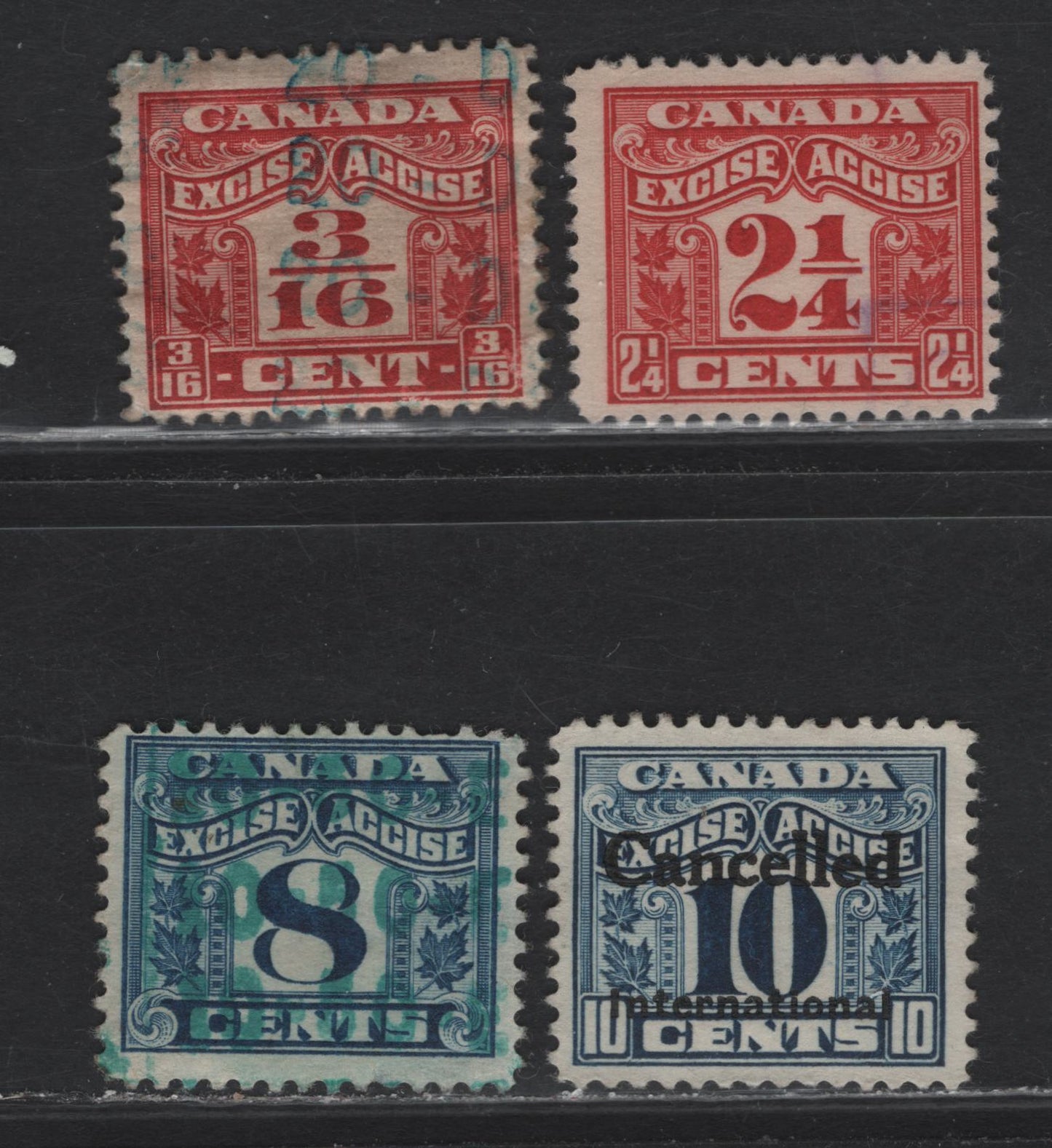 Lot 106 Canada (C) Van Dam#FX37, FX35, FX41-42 3/16c - 10c Carmine - Blue Numerals, 1915-1928 Two Leaf Excise Tax Issue, 4 Fine/Very Fine Used Singles
