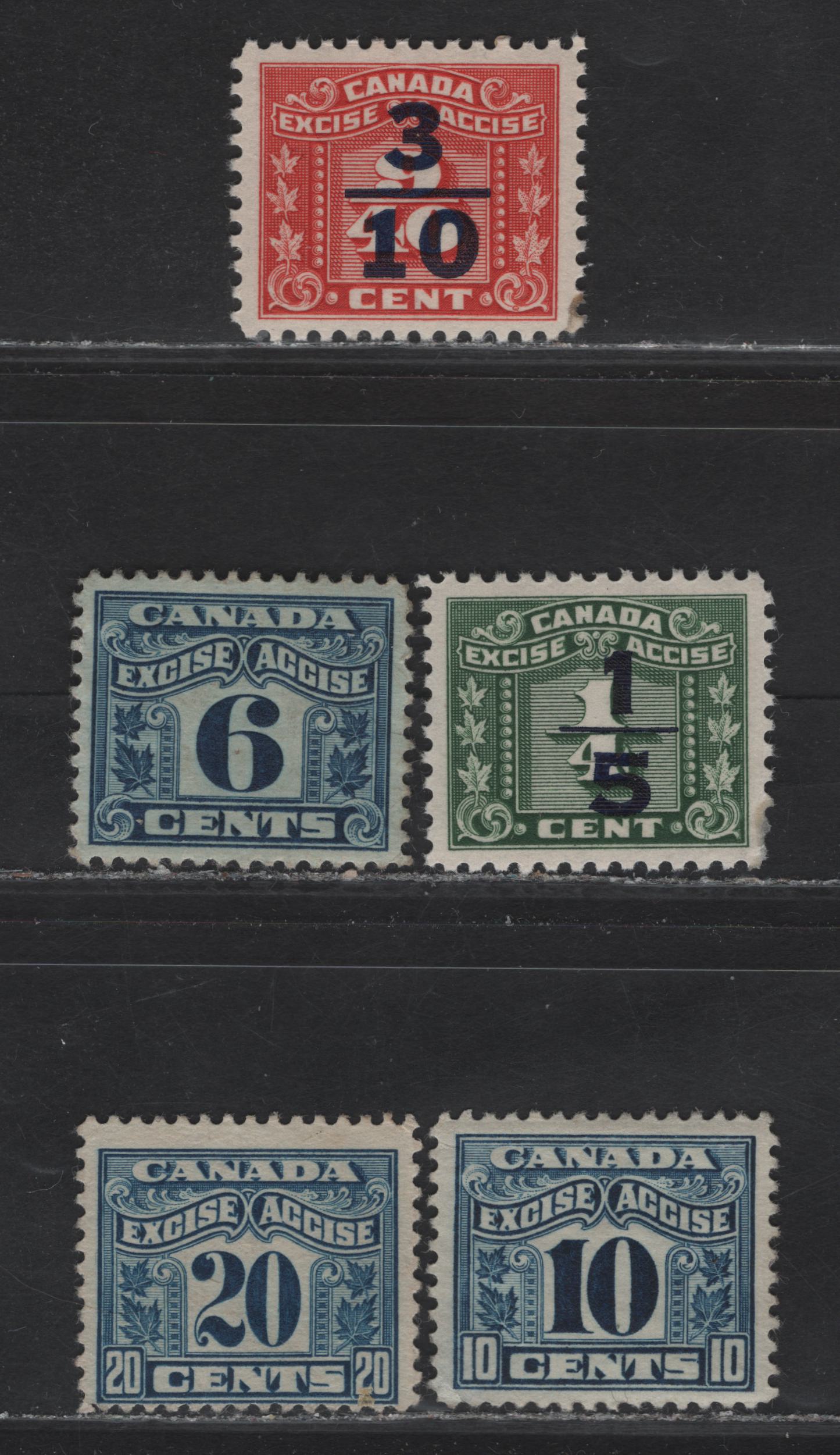 Lot 107 Canada (C) Van Dam#FX40, FX42-43, FX104-105 6c - 3/10 on 9/40c Blue - Red Numerals, 1915-1948 Two Leaf & Three Leaf Excise Tax Issues, 5 VG/F/VFOG & Unused Singles, The 10c Has A Thin, 20c Has No Gum, Small Gum Soag On The 1/10 on 9/40c.