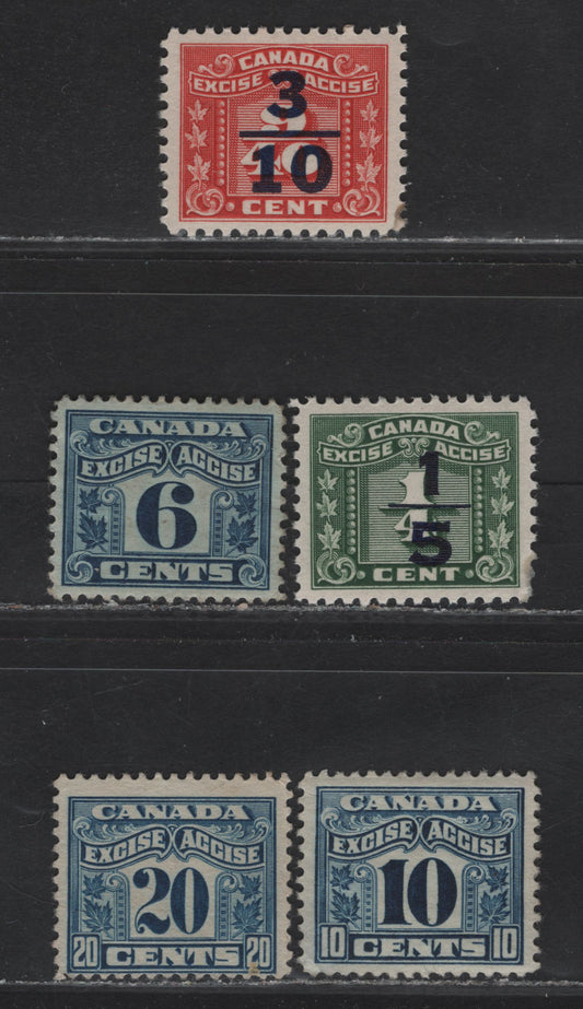 Lot 107 Canada (C) Van Dam#FX40, FX42-43, FX104-105 6c - 3/10 on 9/40c Blue - Red Numerals, 1915-1948 Two Leaf & Three Leaf Excise Tax Issues, 5 VG/F/VFOG & Unused Singles, The 10c Has A Thin, 20c Has No Gum, Small Gum Soag On The 1/10 on 9/40c.