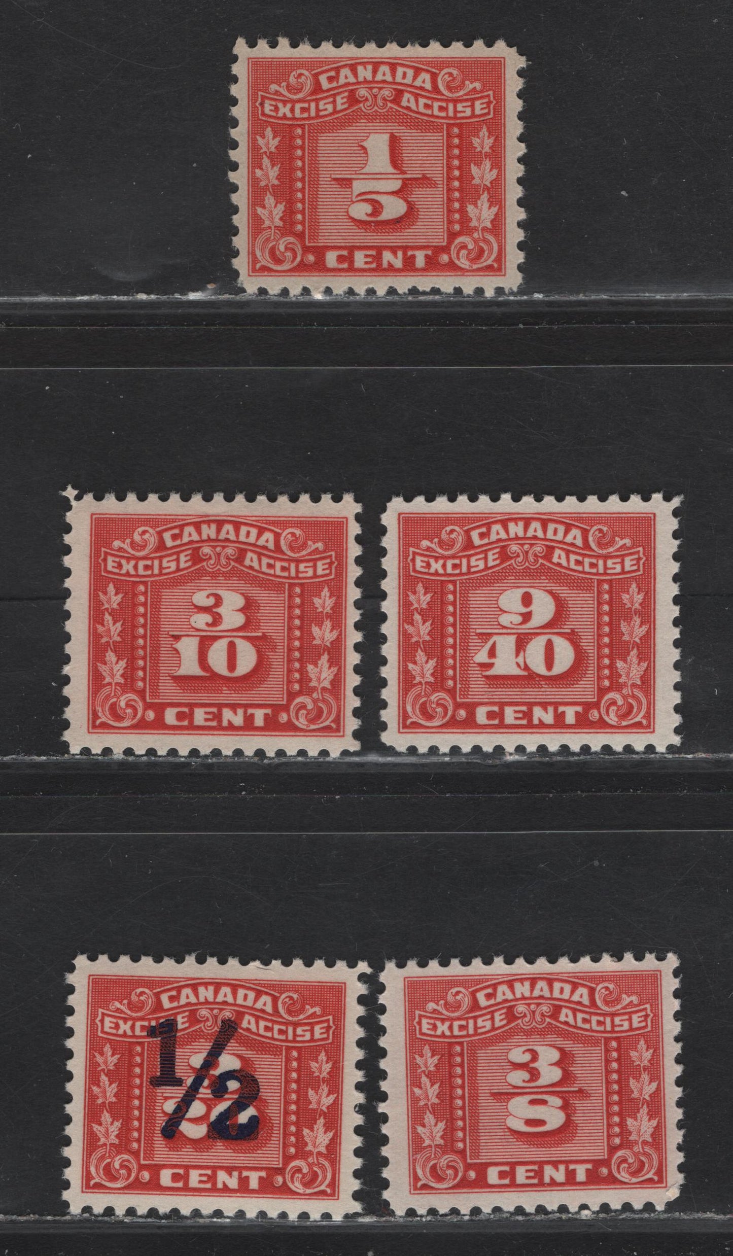 Lot 108 Canada (C) Van Dam#FX54-55, FX58-59, FX107 1/5c - 1/2 on 2/20c Red Numerals, 1934-1948 3 Leaf Excise Tax Issue, 5 F/VFNH Singles