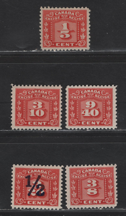 Lot 108 Canada (C) Van Dam#FX54-55, FX58-59, FX107 1/5c - 1/2 on 2/20c Red Numerals, 1934-1948 3 Leaf Excise Tax Issue, 5 F/VFNH Singles