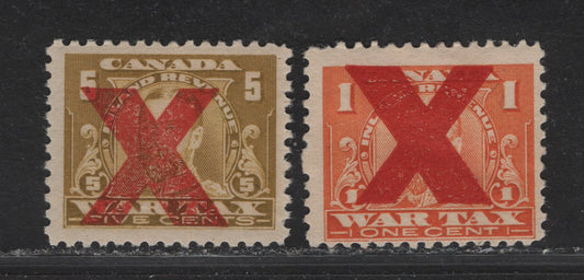 Lot 111 Canada (C) Van Dam#FWT7f, FWT11a 1 - 5 Orange - Olive Green King Goerge V, 1920 War Tax Issue, 2 FOG Singles, Inverted X Precancel & Normal X Precancel