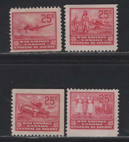 Lot 114 Canada (C) Van Dam#FWS8, FWS11-12, FWS14 25c Carmine Rose Military, 1940-1941 War Savings Issue, 4 F/VFOG Singles