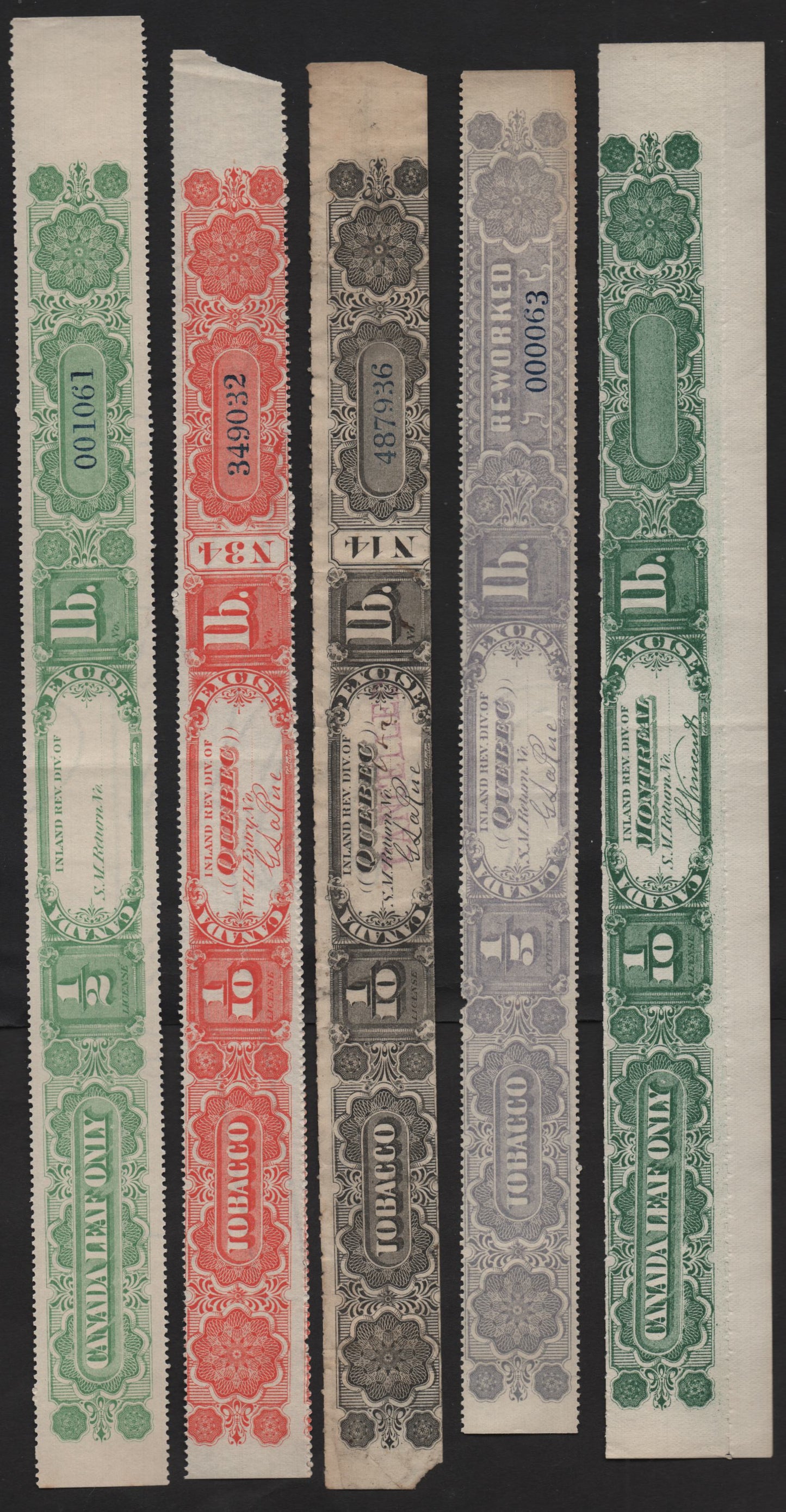 Lot 116 Canada (C) Van Dam# 1/2 - 1/10 Green - Black Numerals,  Quebec Tobacco Excise Tax Issue, 5 Used & Unused Long Labels, 3 Unused Labels From Quebec, One From Montreal
