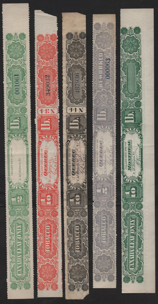 Lot 116 Canada (C) Van Dam# 1/2 - 1/10 Green - Black Numerals,  Quebec Tobacco Excise Tax Issue, 5 Used & Unused Long Labels, 3 Unused Labels From Quebec, One From Montreal