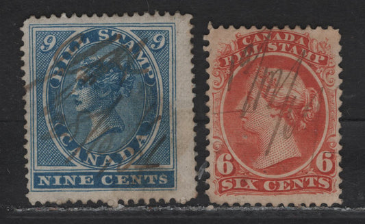 Lot 118 Canada (C) Van Dam#FB9, FB23 9c - 6c Blue - Red Queen Victoria, 1864-1865 First & Second Bill Issue, 2 Fine Used Singles, Perf 12.5x13.5