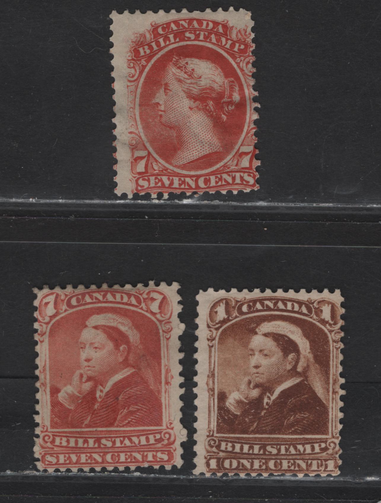 Lot 119 Canada (C) Van Dam#FB24, FB37, FB44 7c Red - Orange Queen Victoria, 1865-1868 Second & Third Bill Issue, 3 VG/FOG & Unused Singles, 7c Has OG, Others Are Unused & Perf 12 On Medium Paper