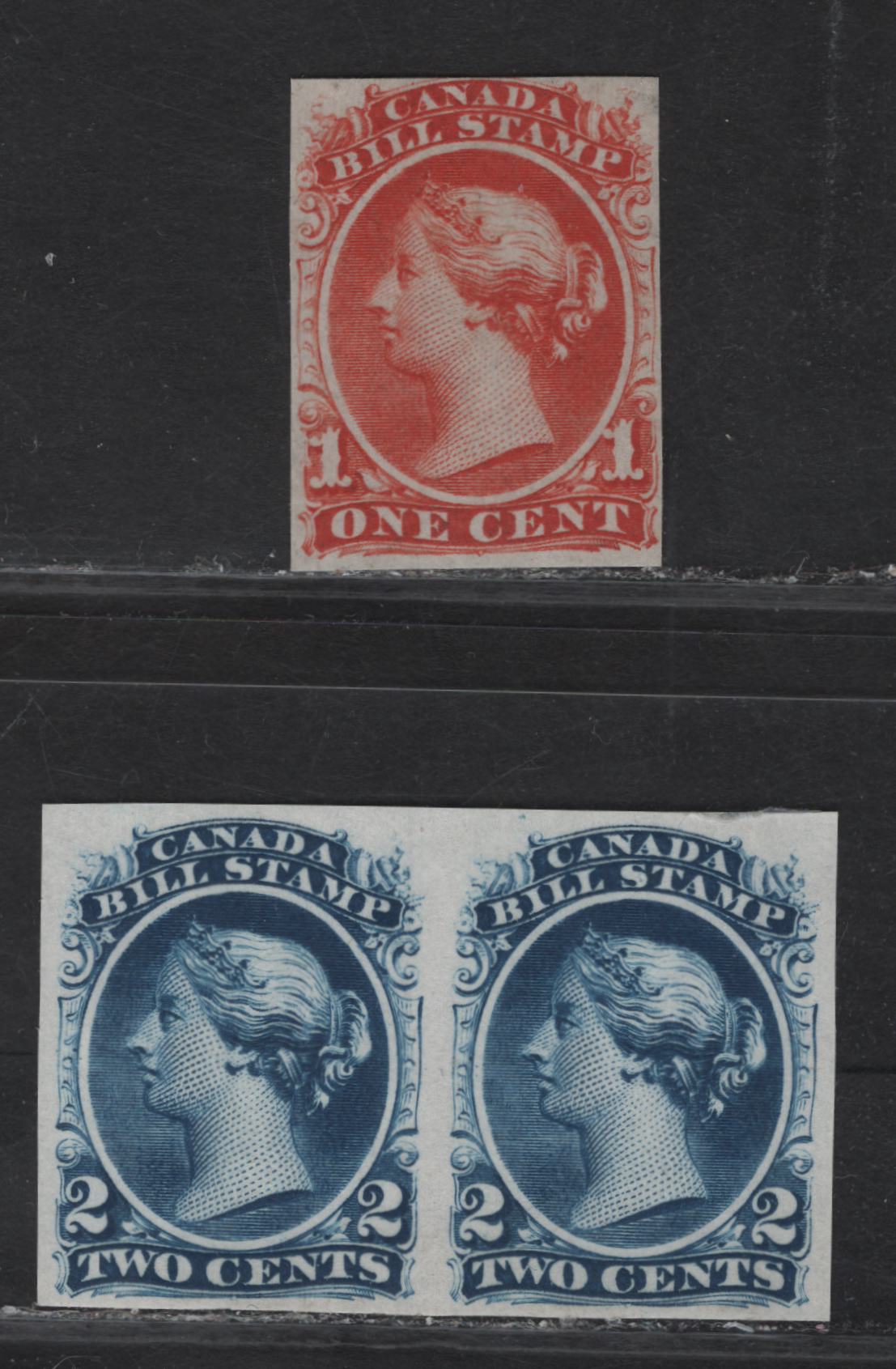 Lot 121 Canada (C) Van Dam#FB19Tc, FB18 1c - 2c Red - Blue Queen Victoria, 1865 Second Bill Issue, 2 Fine/Very Fine Unused Single & Pair, Plate & Trial Color Proofs
