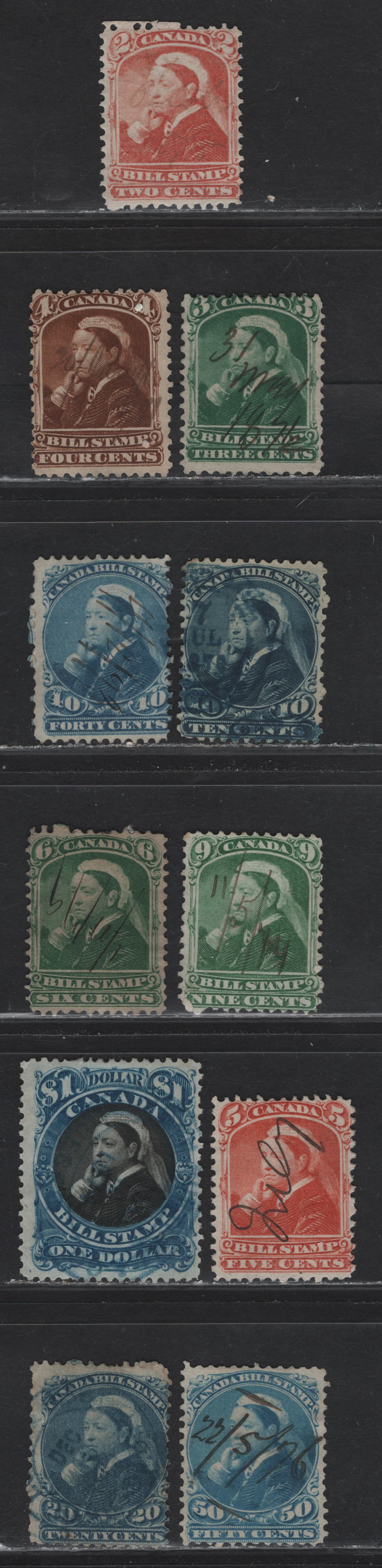 Lot 124 Canada (C) Van Dam#FB39-43, FB46-48, FB50-52 2c - $1 Orange - Blue & Black, 1865-1868 Second & Third Bill Issue, 11 Good-Very Fine Used Singles, All on Thin to Medium Paper, All Perf 12 Except The 2c, 3c & 6c, Which Are Perf 11.5x12.