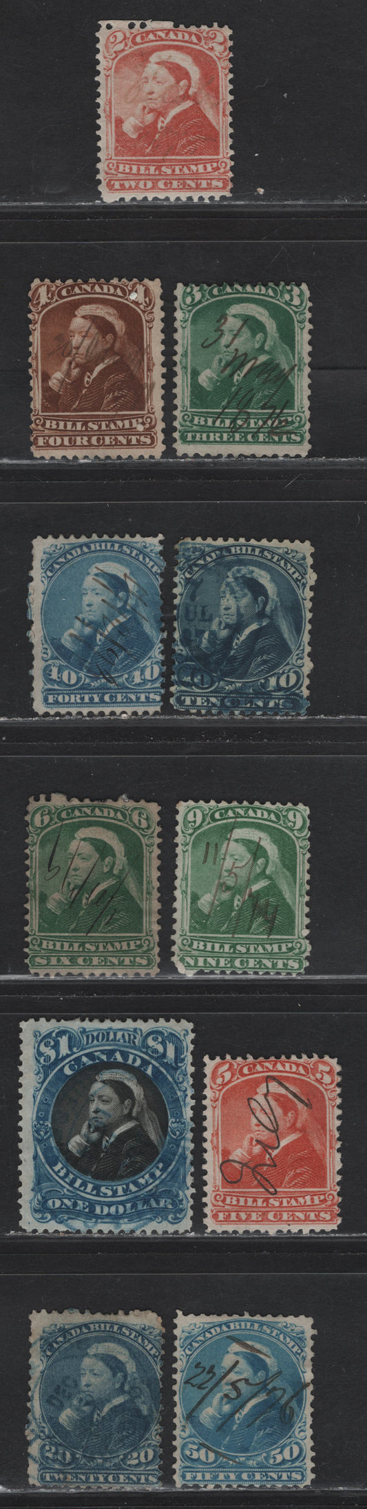 Lot 124 Canada (C) Van Dam#FB39-43, FB46-48, FB50-52 2c - $1 Orange - Blue & Black, 1865-1868 Second & Third Bill Issue, 11 Good-Very Fine Used Singles, All on Thin to Medium Paper, All Perf 12 Except The 2c, 3c & 6c, Which Are Perf 11.5x12.