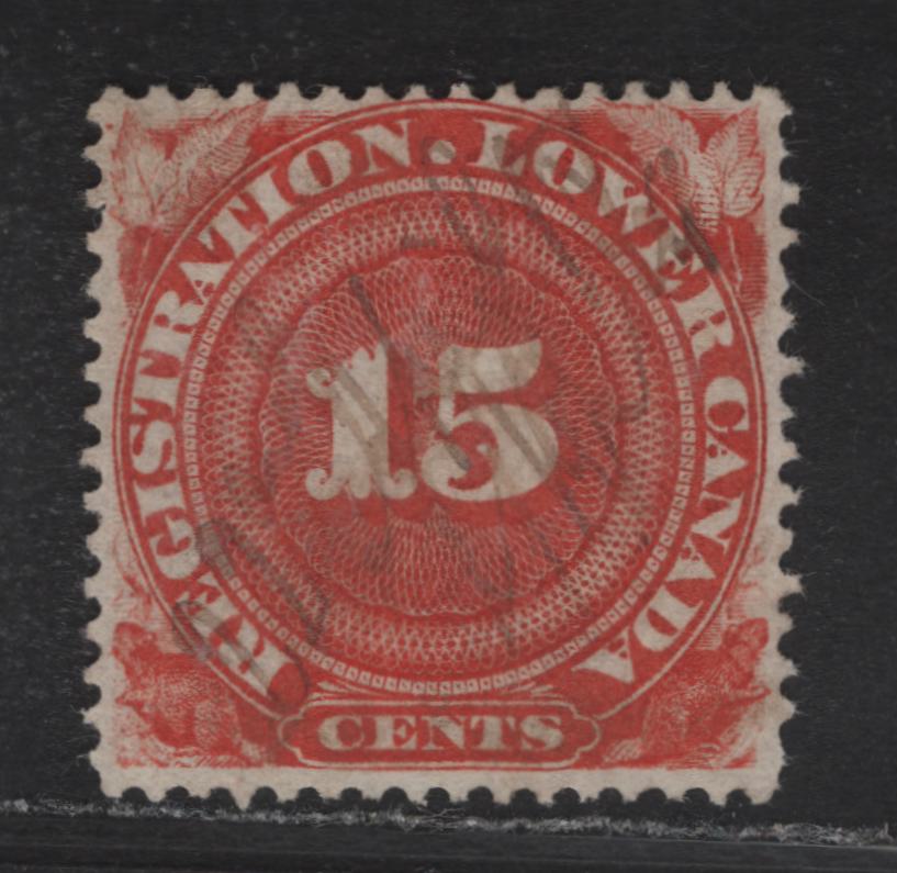 Lot 125 Canada (C) Van Dam#QR2a 15c - $1.50 Vermillion Numeral, 1866 Registration Issue, A Very Fine Used Single, Province of Quebec