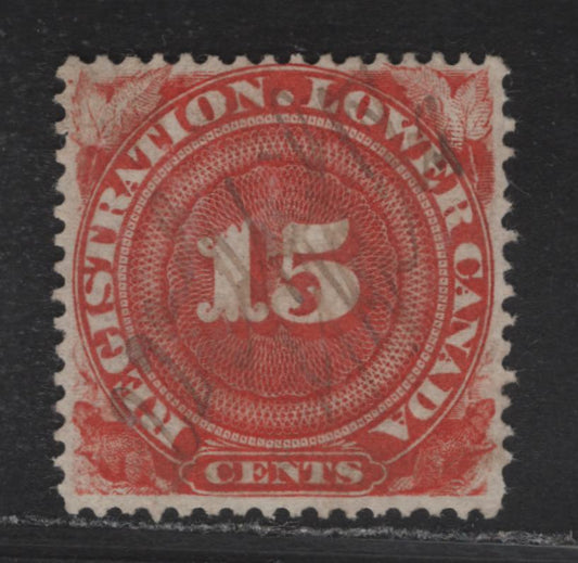 Lot 125 Canada (C) Van Dam#QR2a 15c - $1.50 Vermillion Numeral, 1866 Registration Issue, A Very Fine Used Single, Province of Quebec