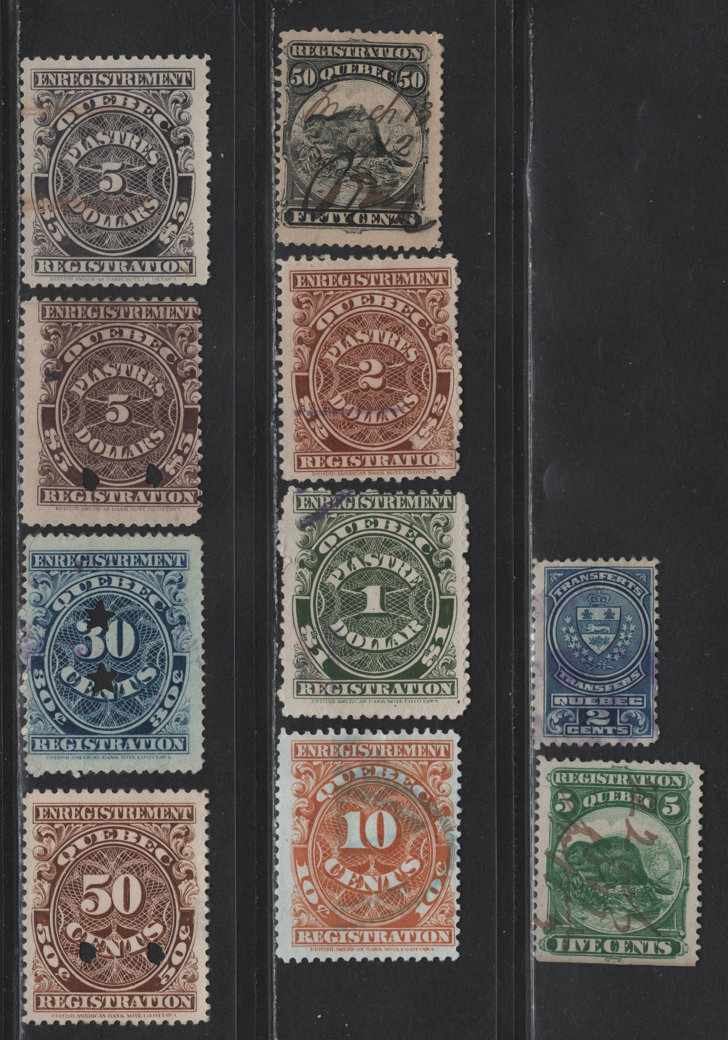 Lot 126 Canada (C) Van Dam#QR5, QR10, QR17, QR20-25, Q5T10 2c - $5 Blue - Violet Beaver - Numerals, 1870-1913 Beaver Registration - Bilingual Stock Transfer Stamps, 10 Fine/Very Fine Used Singles, Perfs 11 & 12