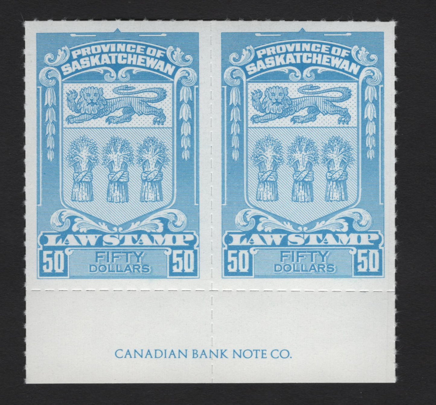 Lot 128 Canada (C) Van Dam#SL78 $50 Light Blue Arms, 1868 Rouletted Lithographed 4th Law Issue, A VFNH Pair, Imprint Pair