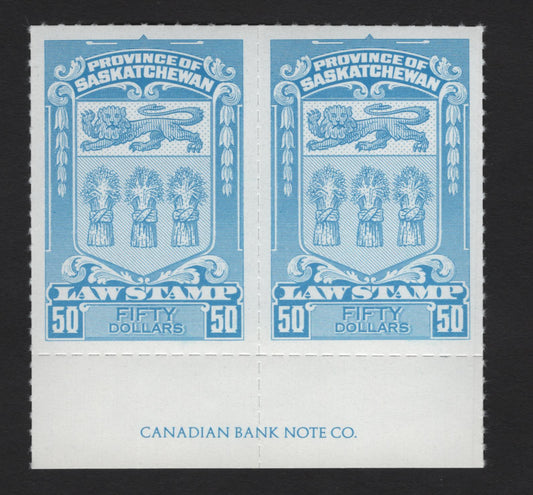 Lot 128 Canada (C) Van Dam#SL78 $50 Light Blue Arms, 1868 Rouletted Lithographed 4th Law Issue, A VFNH Pair, Imprint Pair