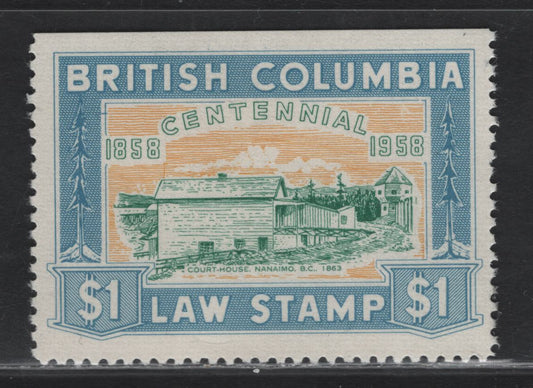 Lot 134 Canada - British Columbia (C) Van Dam#BCL49 $1 Blue, Green & Yellow Court House, 1958 Centennial Law Issue, A VFNH Single