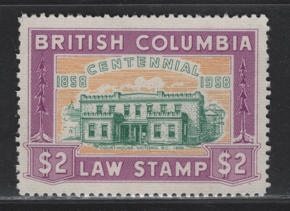 Lot 135 Canada - British Columbia (C) Van Dam#BCL50 $2 Magenta, Yellow & Green Court House, 1958 Centennial Law Issue, A VFNH Single