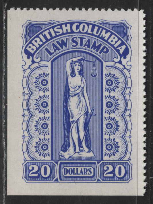 Lot 136 Canada - British Columbia (C) Van Dam#BCL58 $20 Blue Liberty, 1958-1970 11th Law Issue, A VFNH Single