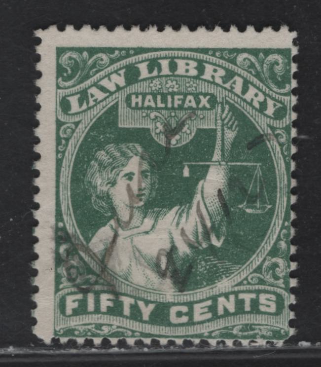 Lot 144 Nova Scotia (C) Van Dam#NSH4 50c Green Liberty, 1910 Re-Engraved Halifax Law Library Issue, A Fine Used Single