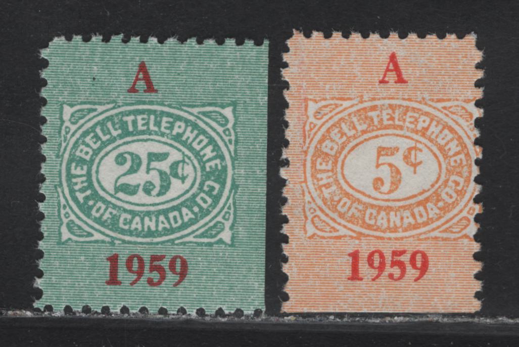 Lot 149 Canada (C) Van Dam#TBT151, TBT152 5c - 25c Yellow - Blue Numeral, 1907-1959 Bell Telephone Company Small Telephone Franks Issue, 2 Fine/Very Fine Unused Singles