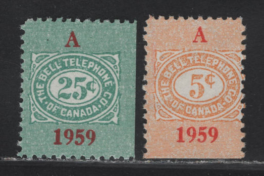 Lot 149 Canada (C) Van Dam#TBT151, TBT152 5c - 25c Yellow - Blue Numeral, 1907-1959 Bell Telephone Company Small Telephone Franks Issue, 2 Fine/Very Fine Unused Singles
