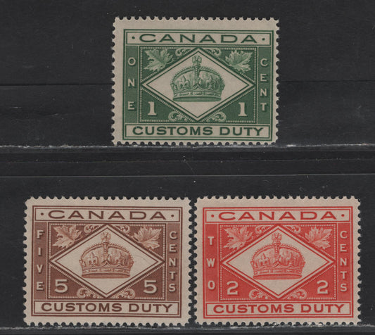 Lot 154 Canada (C) Van Dam#FCD1-FCD3 1c - 5c Green - Brown Customs, 1914-1935 Customs Duty Issue, 3 F/VFNH Singles, Dry Printings
