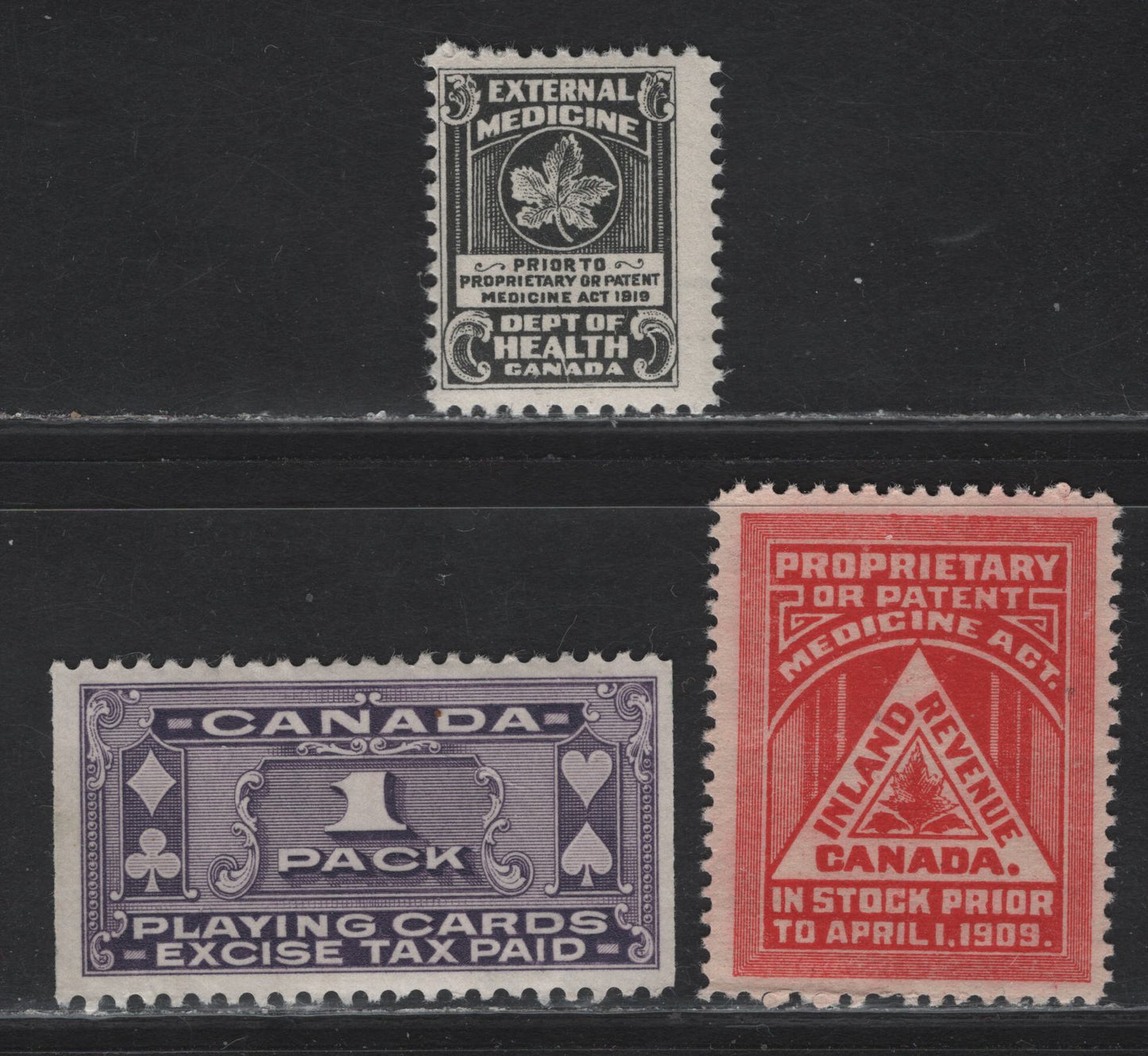 Lot 157 Canada (C) Van Dam#FM1-FM2, FMFC, 1909-1947 Medicine Stamps & Playing Card Stamps Issues, 3 F/VFOG & Unused Singles.