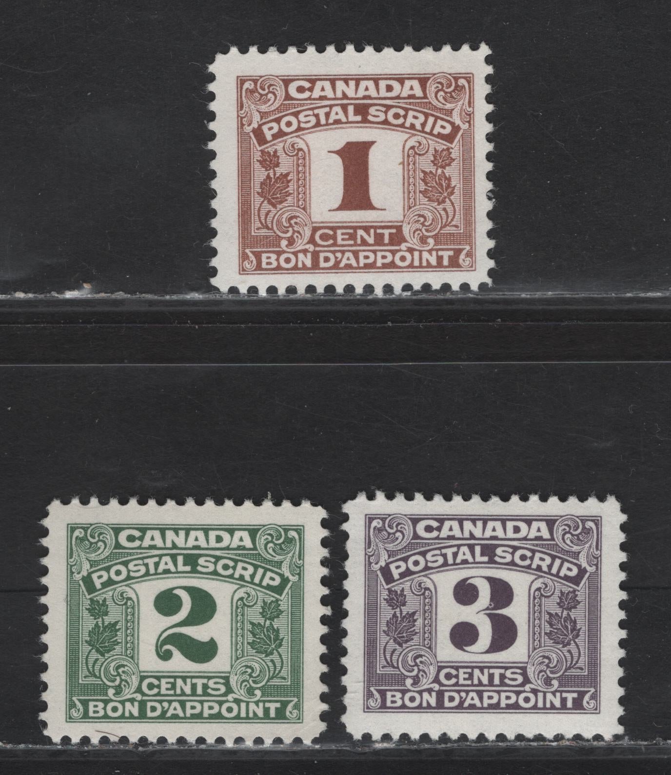 Lot 160 Canada Van Dam#FPS23-25 1c - 3c Brown - Purple Numeral, 1967 Second Postal Scrip Issue, 3 F/VFOG Singles