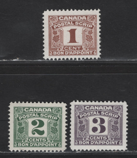 Lot 160 Canada Van Dam#FPS23-25 1c - 3c Brown - Purple Numeral, 1967 Second Postal Scrip Issue, 3 F/VFOG Singles