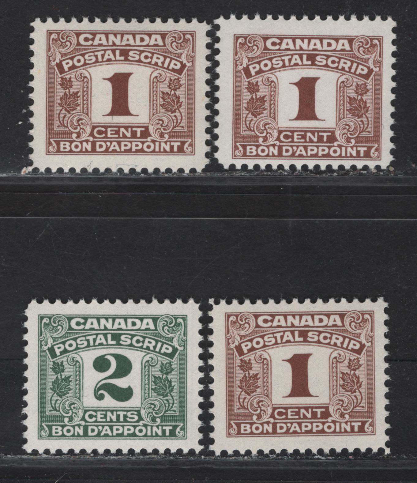 Canada Van Dam#FPS23-24 1c - 2c Reddish Brown - Green Numeral, 1967 Second Postal Scrip Issue, 3 F/VFNH Singles, The 1c Stamps Are on NF, DF & DF-fl Papers With Very, Very Few LF Fibers, 2c Is On NF Paper