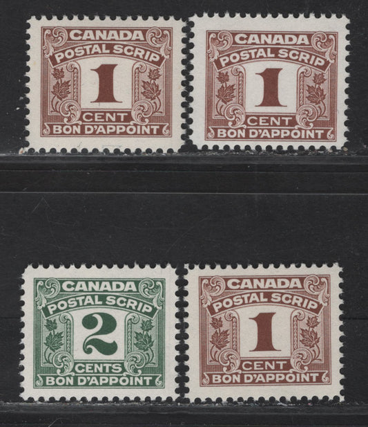 Canada Van Dam#FPS23-24 1c - 2c Reddish Brown - Green Numeral, 1967 Second Postal Scrip Issue, 3 F/VFNH Singles, The 1c Stamps Are on NF, DF & DF-fl Papers With Very, Very Few LF Fibers, 2c Is On NF Paper