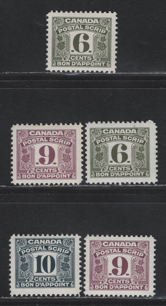 Lot 162 Canada (C) Van Dam#FPS28var, FPS31-32 6c - 10c Olive - Slate Numeral, 1967 Second Postal Scrip Issue, 4 F/VFOG Singles, NF & DF Papers, 9c and 1 6c are NF paper, Rest Are on DF1 Paper