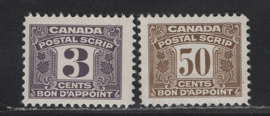 Lot 165 Canada (C) Van Dam#FPS43, FPS54 3c - 50c Purple - Brown Numeral, 1967 Third Postal Scrip Issue, 2 FNH Singles, NF Paper, 50c Has A Light Gum Crease