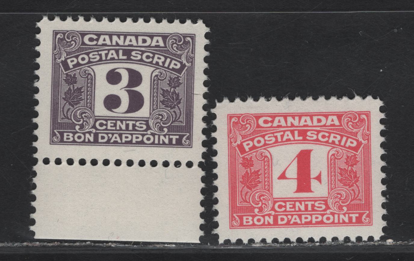 Canada Van Dam#FPS43-44 3c - 4c Purple - Pink Numeral, 1967 Third Postal Scrip Issue, 2 VFNH Singles, NF Paper