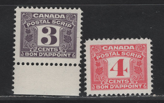 Canada Van Dam#FPS43-44 3c - 4c Purple - Pink Numeral, 1967 Third Postal Scrip Issue, 2 VFNH Singles, NF Paper